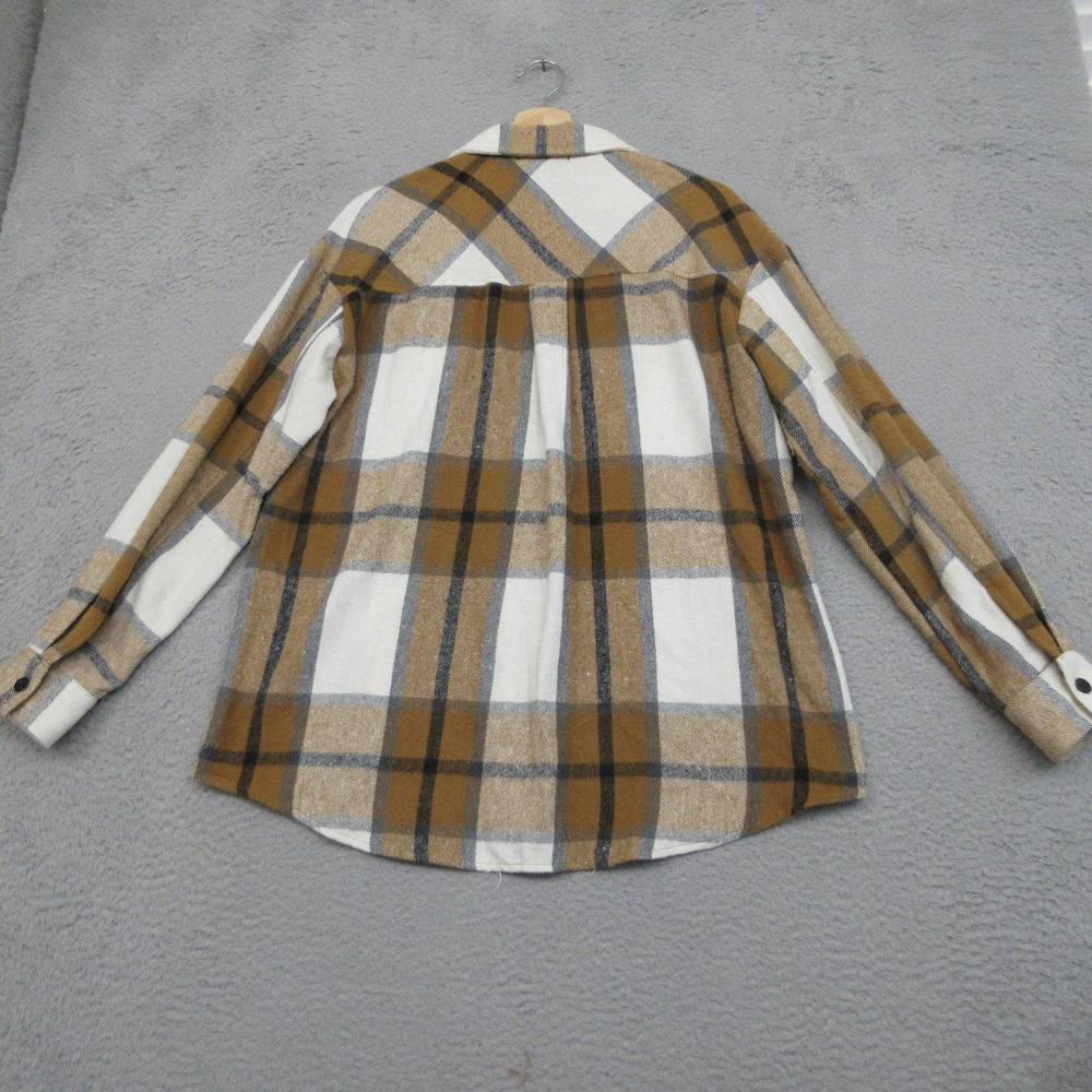 Plaid Oversized Shacket Women M Tan White Flannel Shirt Jacket Pockets Automet - Picture 4 of 16